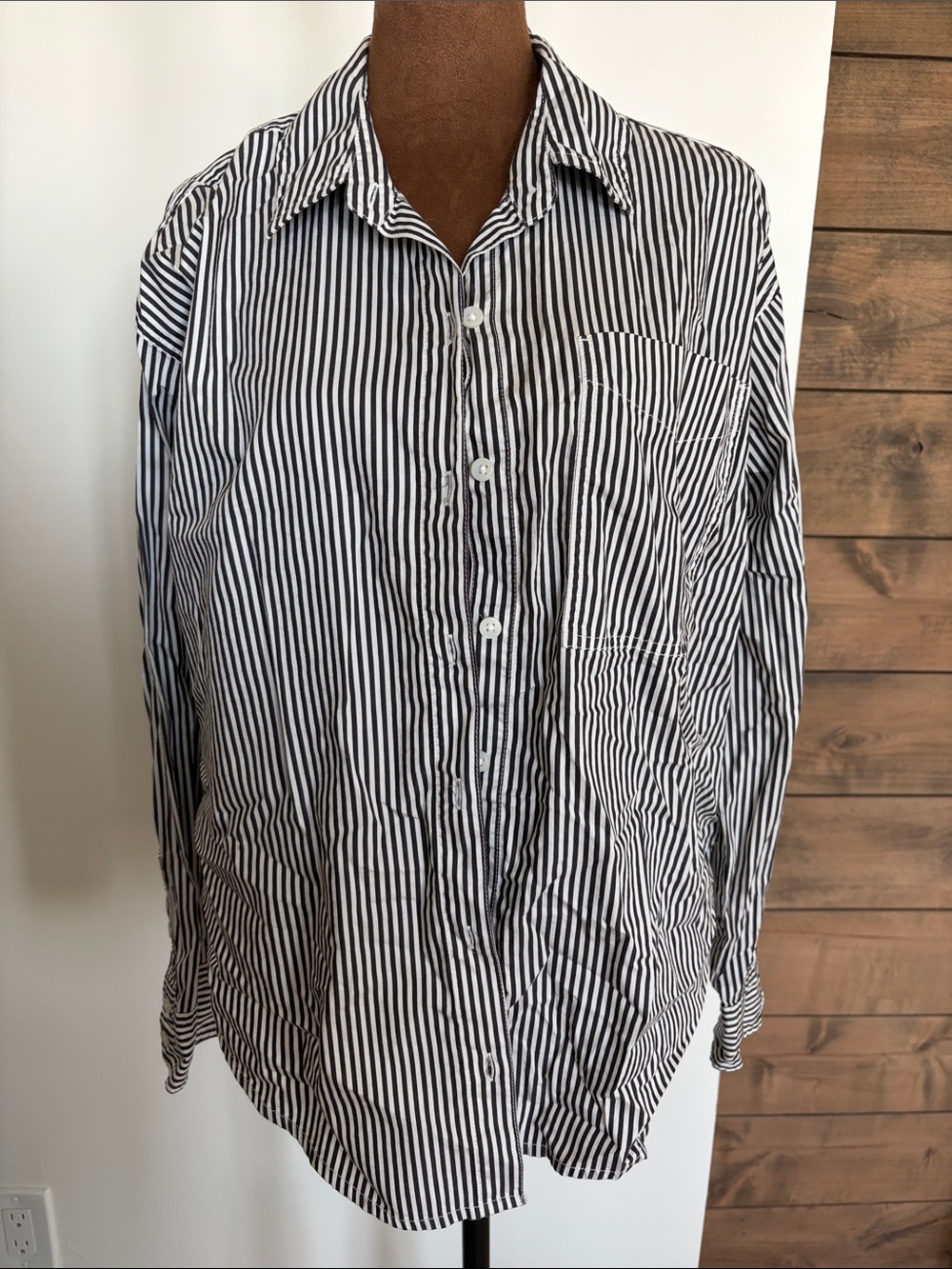 American Eagle Outfitters Black and White Vertical Stripe Button-Down Shirt